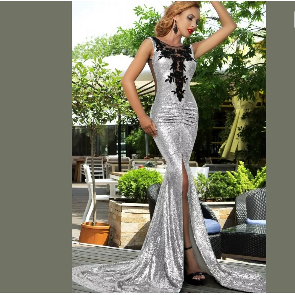 Evening Silver Dress Prom front Mermaid Gown - M